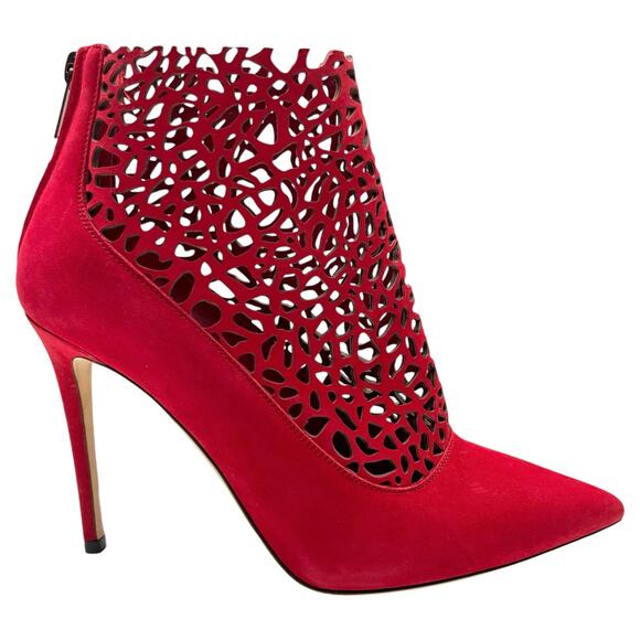 JIMMY CHOO Maurice 100mm Laser Cut Suede Ankle Boots EU 38.5 US 8.5 Red Stiletto - Picture 1 of 13